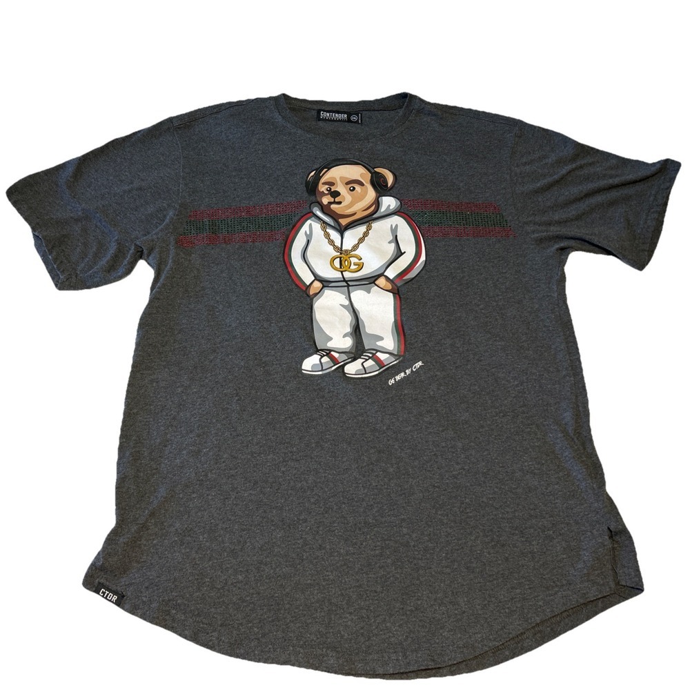 Contender Mens Large Bear Gray Hip Hop Graphic Crew Tee Gray 2XL‎